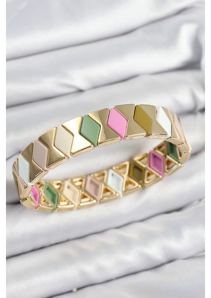 Pirinç Baklava Desenli Asorti Gold Renk Lastikli Kadın Bileklik