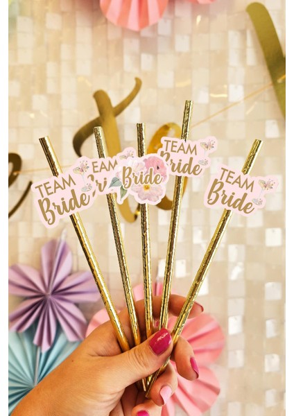 Bride Pipet Seti Çiçekli Gold Konsept Bekarlığa Veda Bride Party Süslü Pipet Takımı 5 Li