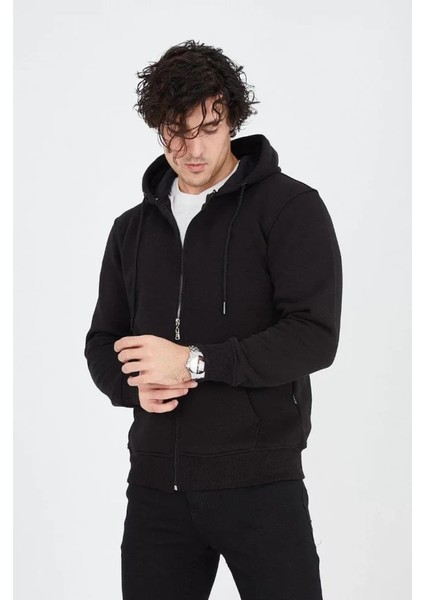 Erkek Kapüşonlu Düz Fermuarlı Hırka - Siyah modelleri
