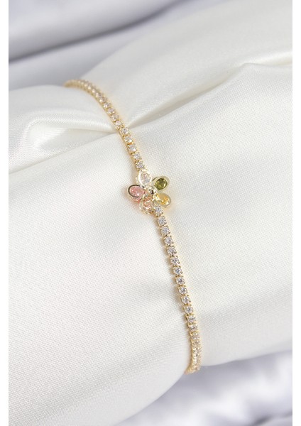 Pirinç Zirkon Taşlı Papatya Model Gold Renk Kadın Bilekilk