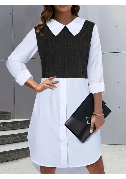 Kadın Uzun Kollu Gömlek Yaka Çift Renkli Trikoton Elbise fiyatları