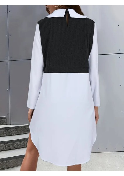 Kadın Uzun Kollu Gömlek Yaka Çift Renkli Trikoton Elbise modelleri