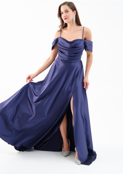 Kadın Lacivert Düşük Kol Saten Abiye Elbise