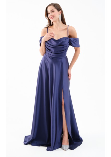 Kadın Lacivert Düşük Kol Saten Abiye Elbise fiyatları