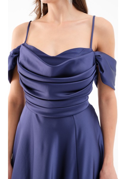Kadın Lacivert Düşük Kol Saten Abiye Elbise fırsatları