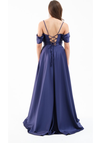 Kadın Lacivert Düşük Kol Saten Abiye Elbise indirimleri