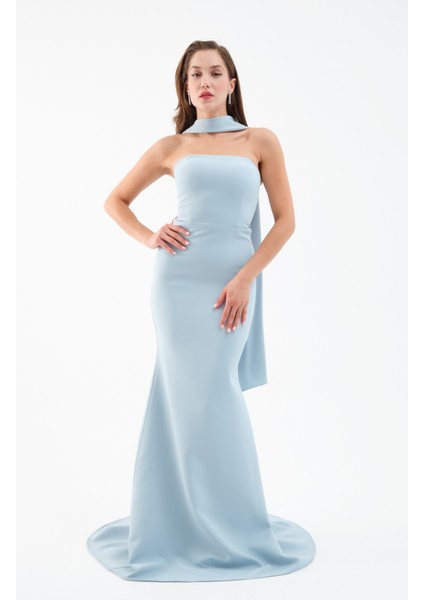 Kadın Bebe Mavi Şal Yaka Detay Uzun Abiye Elbise