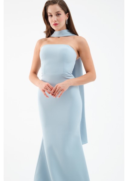 Kadın Bebe Mavi Şal Yaka Detay Uzun Abiye Elbise fiyatları