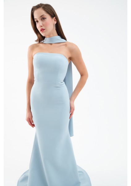 Kadın Bebe Mavi Şal Yaka Detay Uzun Abiye Elbise modelleri