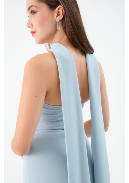 Kadın Bebe Mavi Şal Yaka Detay Uzun Abiye Elbise fırsatları