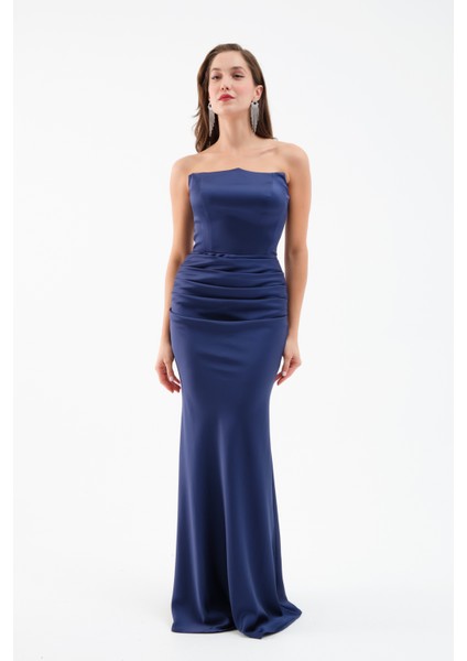 Kadın Lacivert Straplez Uzun Saten Söz Nişan Abiye Elbise