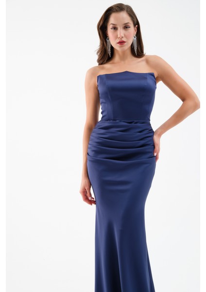 Kadın Lacivert Straplez Uzun Saten Söz Nişan Abiye Elbise fiyatları