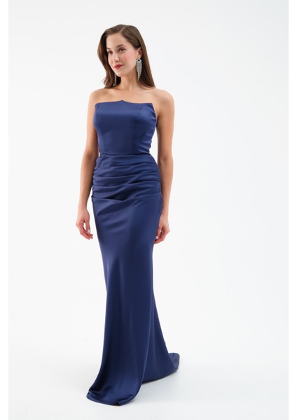 Kadın Lacivert Straplez Uzun Saten Söz Nişan Abiye Elbise modelleri