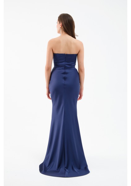 Kadın Lacivert Straplez Uzun Saten Söz Nişan Abiye Elbise indirimleri