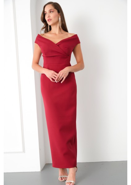 Kadın Bordo Kruvaze Yaka Midi Elbise modelleri