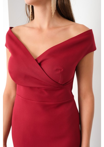 Kadın Bordo Kruvaze Yaka Midi Elbise fırsatları