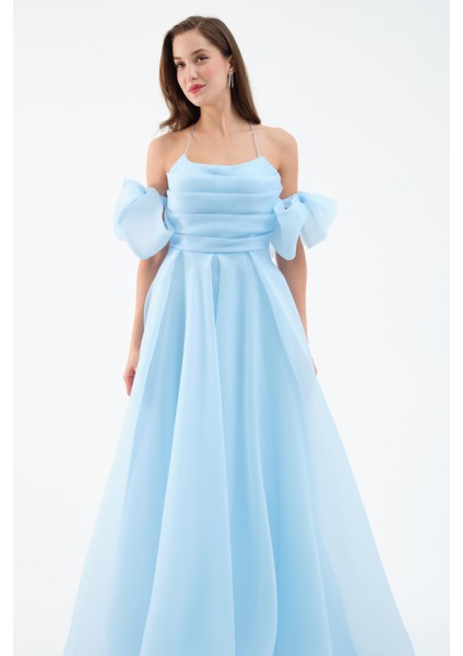 Kadın Bebe Mavi Göğüs Drapeli Organze Abiye Elbise modelleri