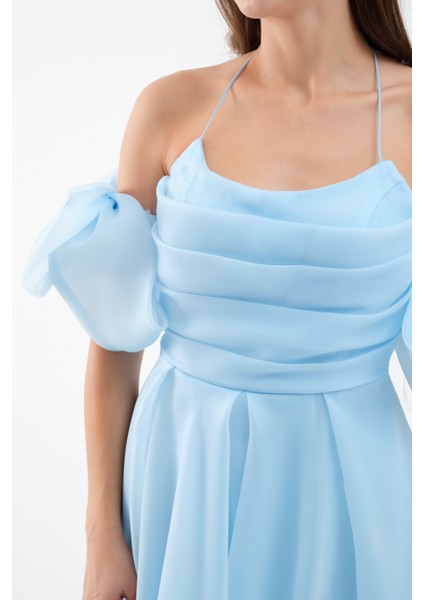 Kadın Bebe Mavi Göğüs Drapeli Organze Abiye Elbise fırsatları