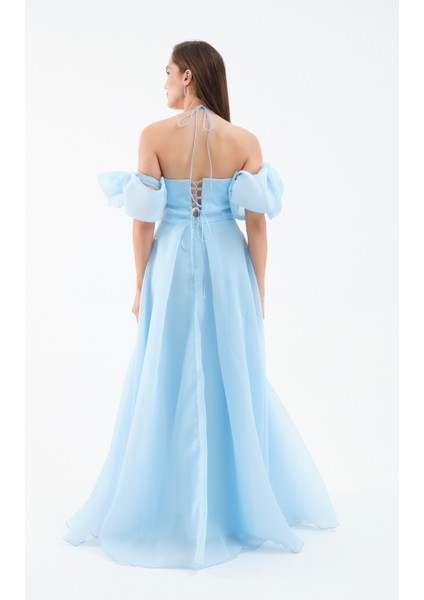 Kadın Bebe Mavi Göğüs Drapeli Organze Abiye Elbise indirimleri