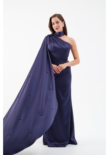 Kadın Lacivert Şal Yaka Inci Söz Nişan Nikah Abiye Elbise