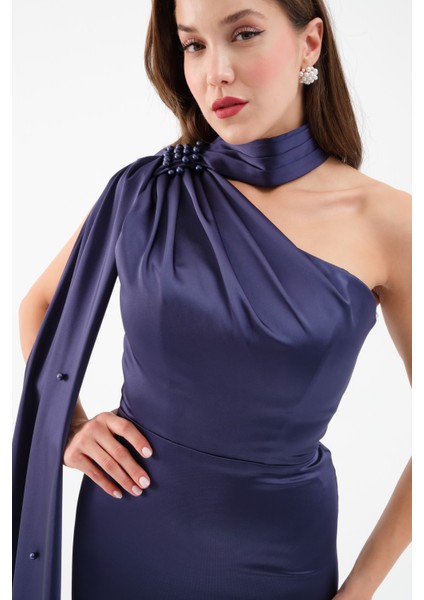 Kadın Lacivert Şal Yaka Inci Söz Nişan Nikah Abiye Elbise modelleri