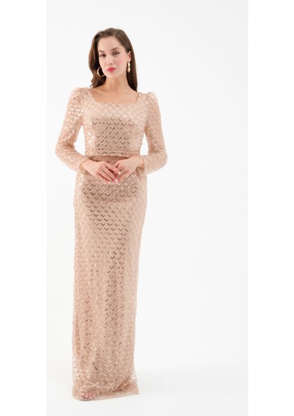 Kadın Bej Kare Yaka Uzun Kollu Boncuklu Uzun Abiye Elbise