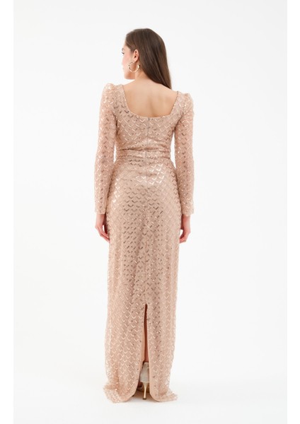 Kadın Bej Kare Yaka Uzun Kollu Boncuklu Uzun Abiye Elbise indirimleri