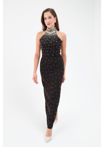 Kadın Siyah Halter Yaka Incili Söz Nişan Nikah Abiye Elbise