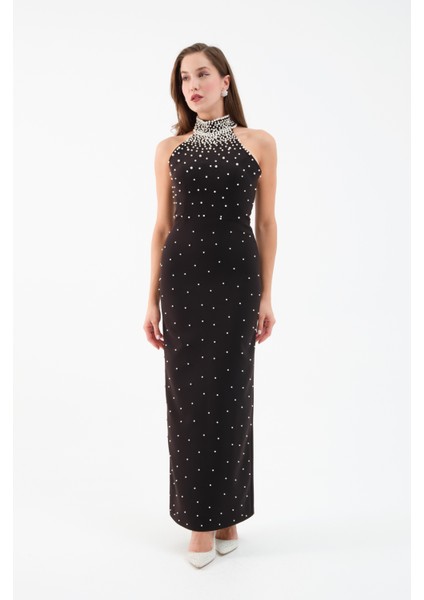 Kadın Siyah Halter Yaka Incili Söz Nişan Nikah Abiye Elbise fiyatları