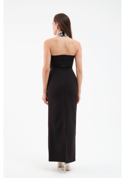 Kadın Siyah Halter Yaka Incili Söz Nişan Nikah Abiye Elbise indirimleri