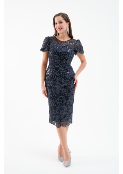 Kadın Lacivert Boncuklu Midi Abiye Elbise