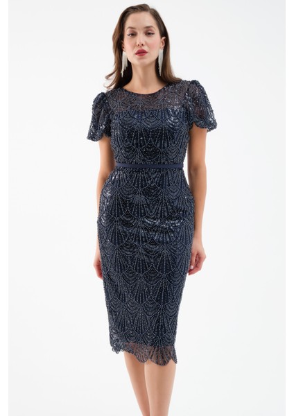 Kadın Lacivert Boncuklu Midi Abiye Elbise fiyatları