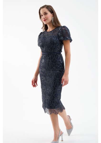 Kadın Lacivert Boncuklu Midi Abiye Elbise modelleri