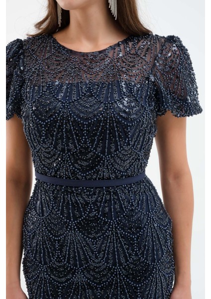 Kadın Lacivert Boncuklu Midi Abiye Elbise fırsatları