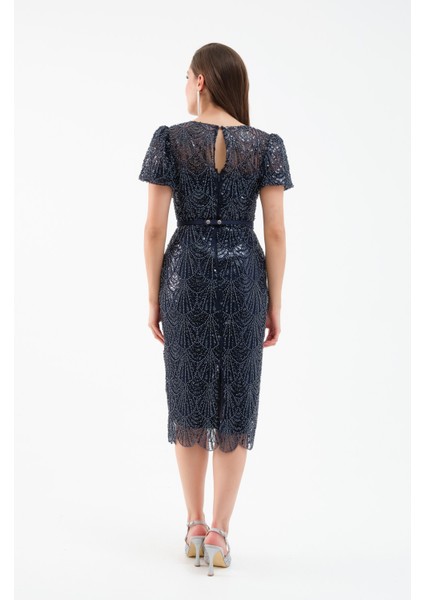 Kadın Lacivert Boncuklu Midi Abiye Elbise indirimleri