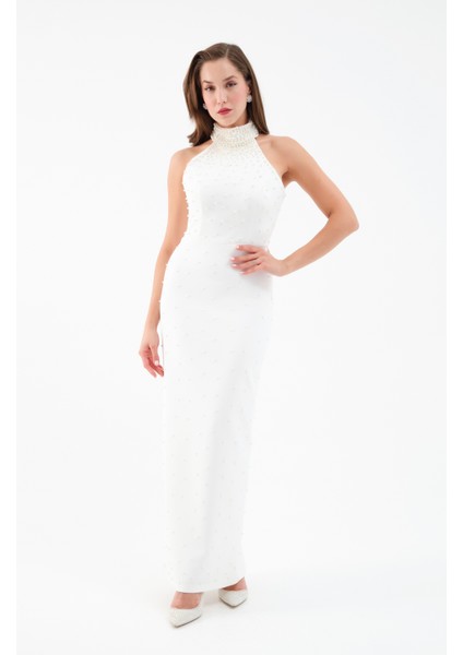 Kadın Beyaz Halter Yaka Incili Söz Nişan Nikah Abiye Elbise fiyatları