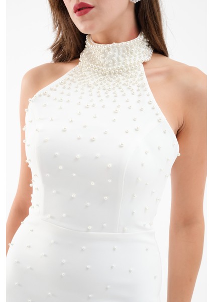 Kadın Beyaz Halter Yaka Incili Söz Nişan Nikah Abiye Elbise fırsatları