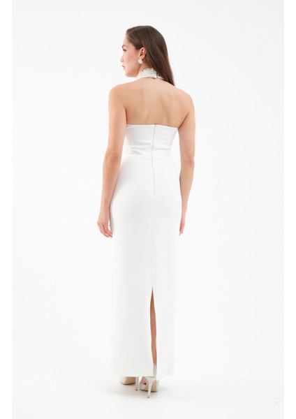 Kadın Beyaz Halter Yaka Incili Söz Nişan Nikah Abiye Elbise indirimleri