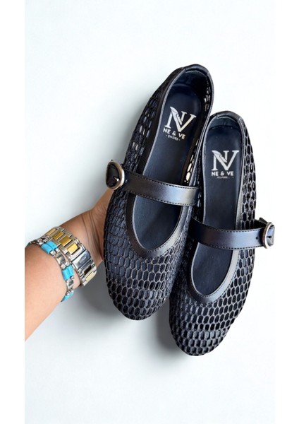 Siyah File Simli Tokalı Yuvarlak Burunlu Kadın Günlük Rahat ve Şık Babet