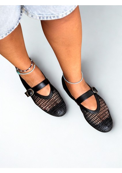 Siyah File Simli Tokalı Yuvarlak Burunlu Kadın Günlük Rahat ve Şık Babet indirimleri