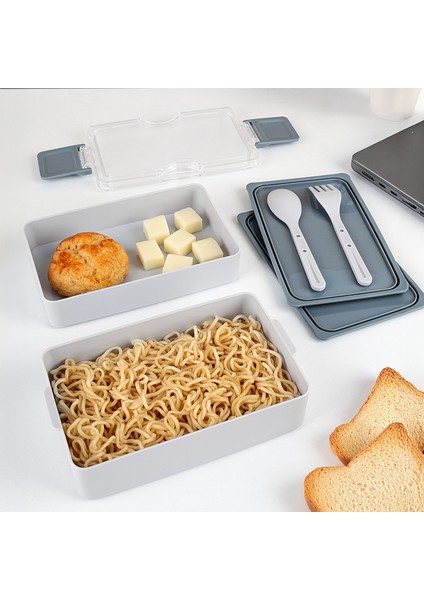 2 Katlı Kilitli Beslenme Kabı - Kendinden Çatal Kaşıklı Lunch Box Beslenme Kutusu Saklama Kabı Gri