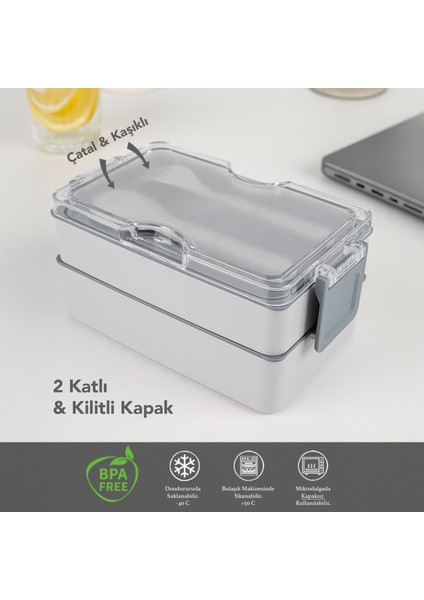2 Katlı Kilitli Beslenme Kabı - Kendinden Çatal Kaşıklı Lunch Box Beslenme Kutusu Saklama Kabı Gri fiyatları