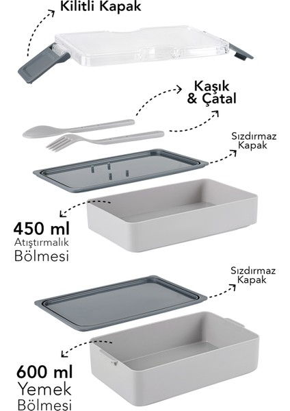 2 Katlı Kilitli Beslenme Kabı - Kendinden Çatal Kaşıklı Lunch Box Beslenme Kutusu Saklama Kabı Gri modelleri