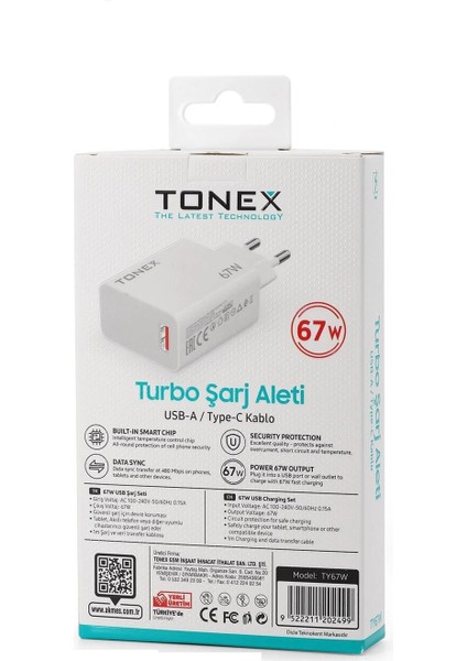 67W Turbo Başlık USB Kablo Şarj Seti Turbo Şarj (Saniye Sayar) 67W 6A - TY67W fiyatları