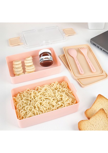 2 Katlı Kilitli Beslenme Kabı - Kendinden Çatal Kaşıklı Lunch Box Beslenme Kutusu Saklama Kabı Pembe