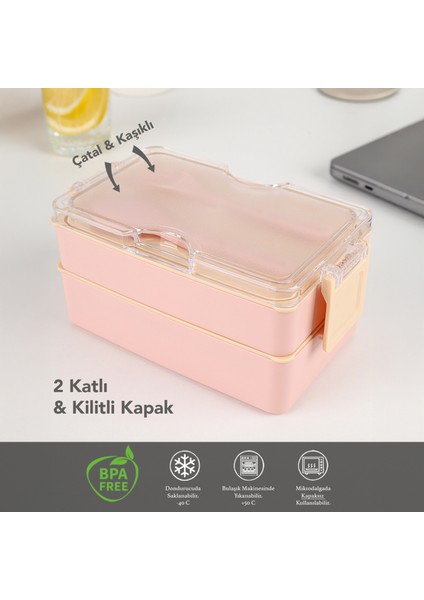 2 Katlı Kilitli Beslenme Kabı - Kendinden Çatal Kaşıklı Lunch Box Beslenme Kutusu Saklama Kabı Pembe fiyatları