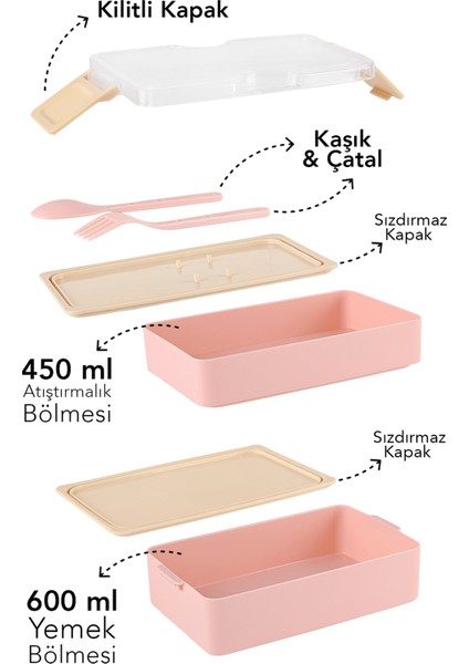 2 Katlı Kilitli Beslenme Kabı - Kendinden Çatal Kaşıklı Lunch Box Beslenme Kutusu Saklama Kabı Pembe modelleri