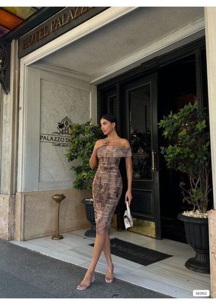 Kadın Madonna Yaka Dalga Desen Midi Boy Şifon Elbise modelleri