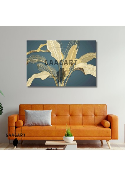 Tekli Yatay Kanvas Duvar Tablosu Gold Yeşil Yaprak