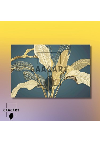 Tekli Yatay Kanvas Duvar Tablosu Gold Yeşil Yaprak modelleri